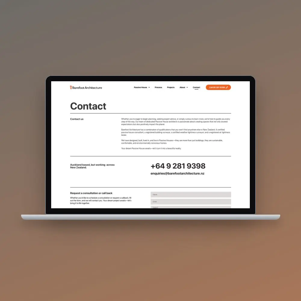 Barefoot Architecture website on a laptop
